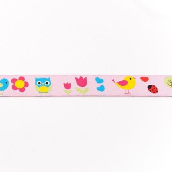 Webband Breite 16 mm Eulen, Vögel, Schmetterlinge auf Hellrosa